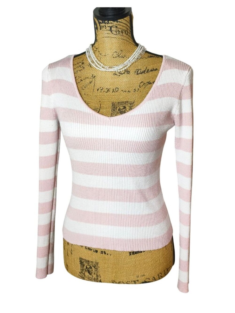 Sweet Republic Womens M Long Sleeve Sweater Pink White Striped Ribbed V-Neck